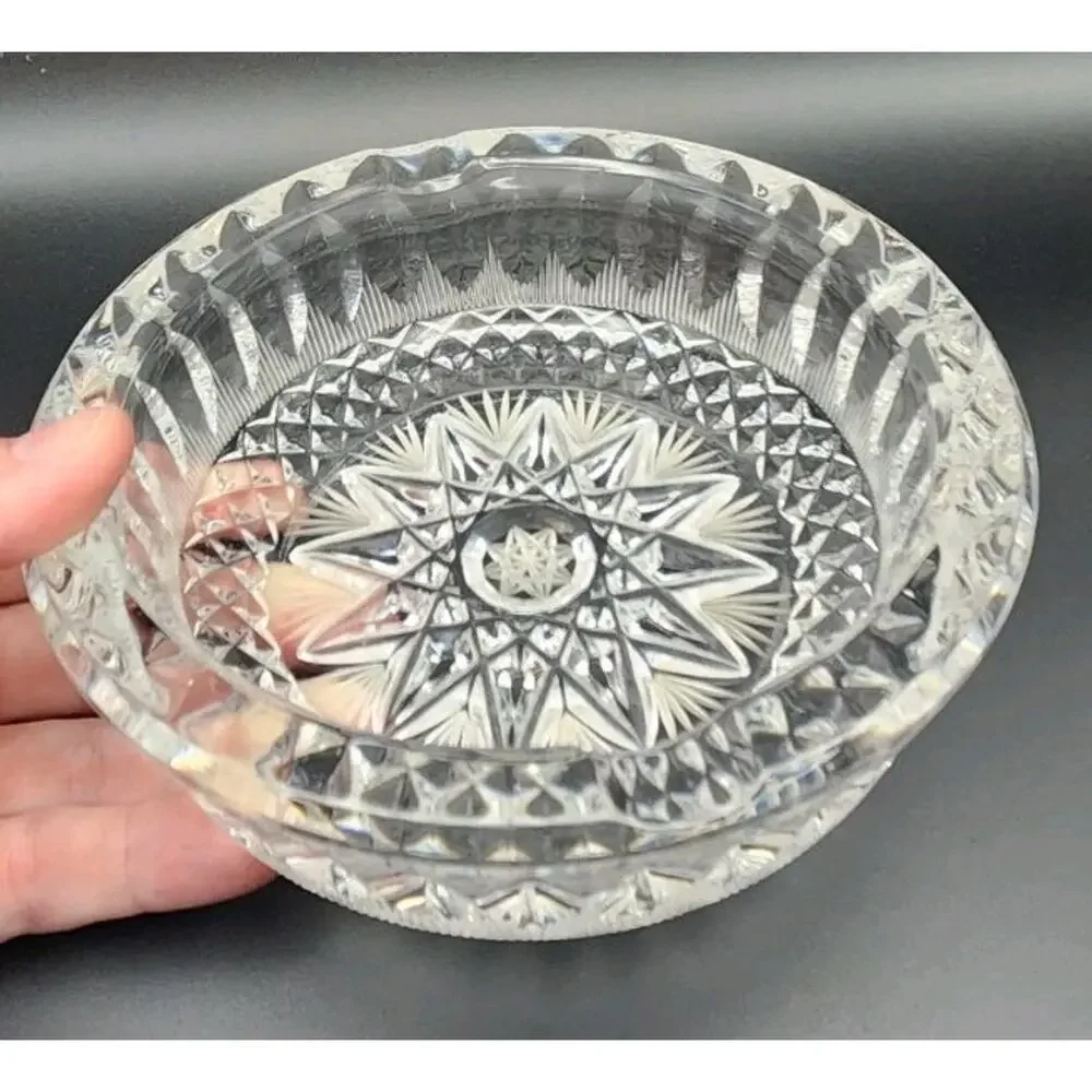Vintage Cut Crystal Ashtray Starburst Pattern Heavy Clear Glass Trinket Dish